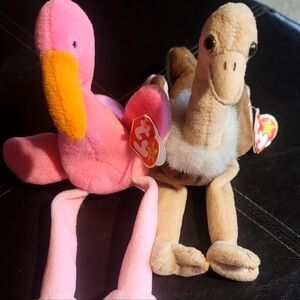 Ty Plush Set: Pink Flamingo and Tan Ostrich